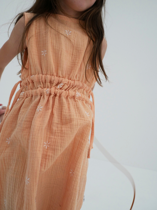 Schulterfreies Kleid mit Schleifen, Kleid - Musselin, lachs Blumen