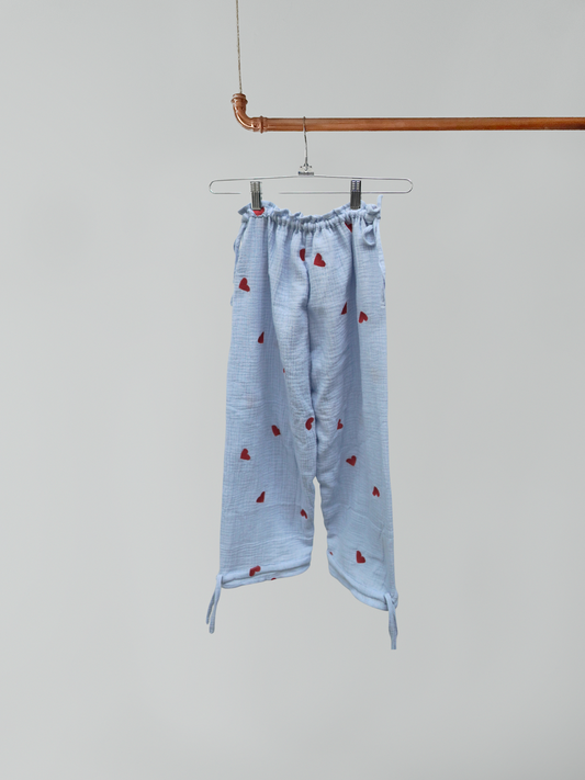 Weite Hose mit Scheifenband, Kinder - Musselin Blau Herz