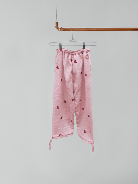 Weite Hose mit Scheifenband, Kinder - Musselin Rosa Herz