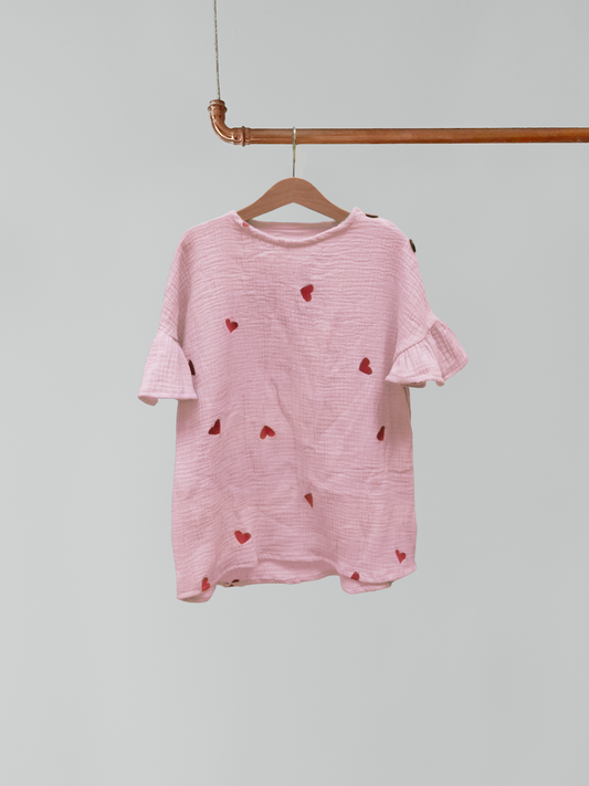 Top mit Flügelchen, Kinder - Musselin rosa Herz